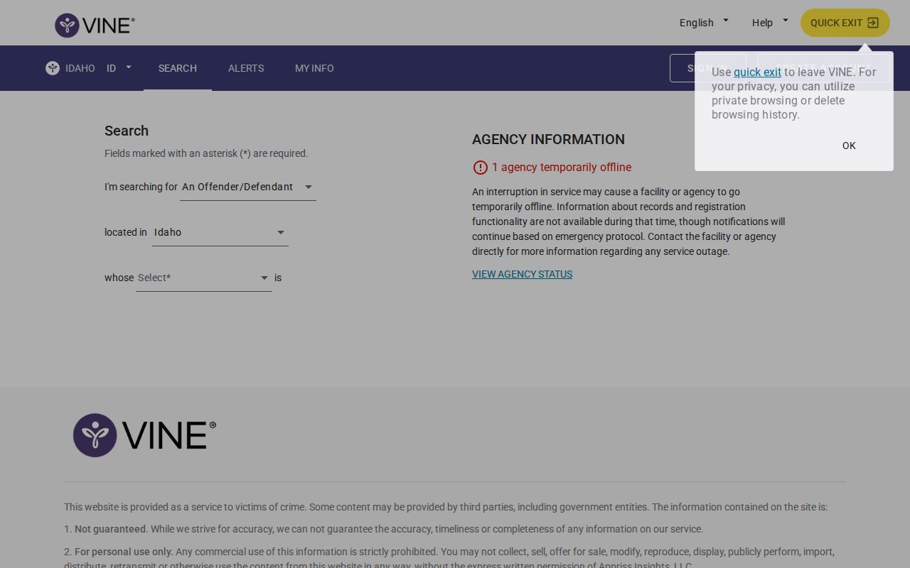 VINELink person search and alert registration for a Washington County arrest