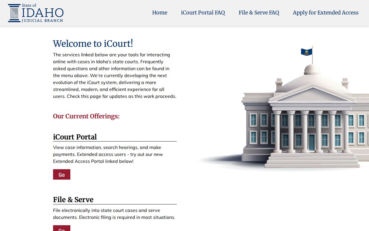 Idaho iCourt public case search entry screen