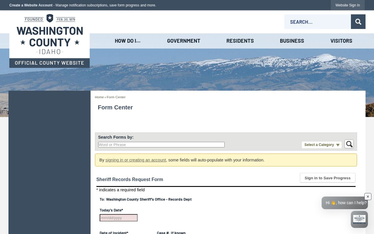 Washington County sheriff arrest record and booking photo request form