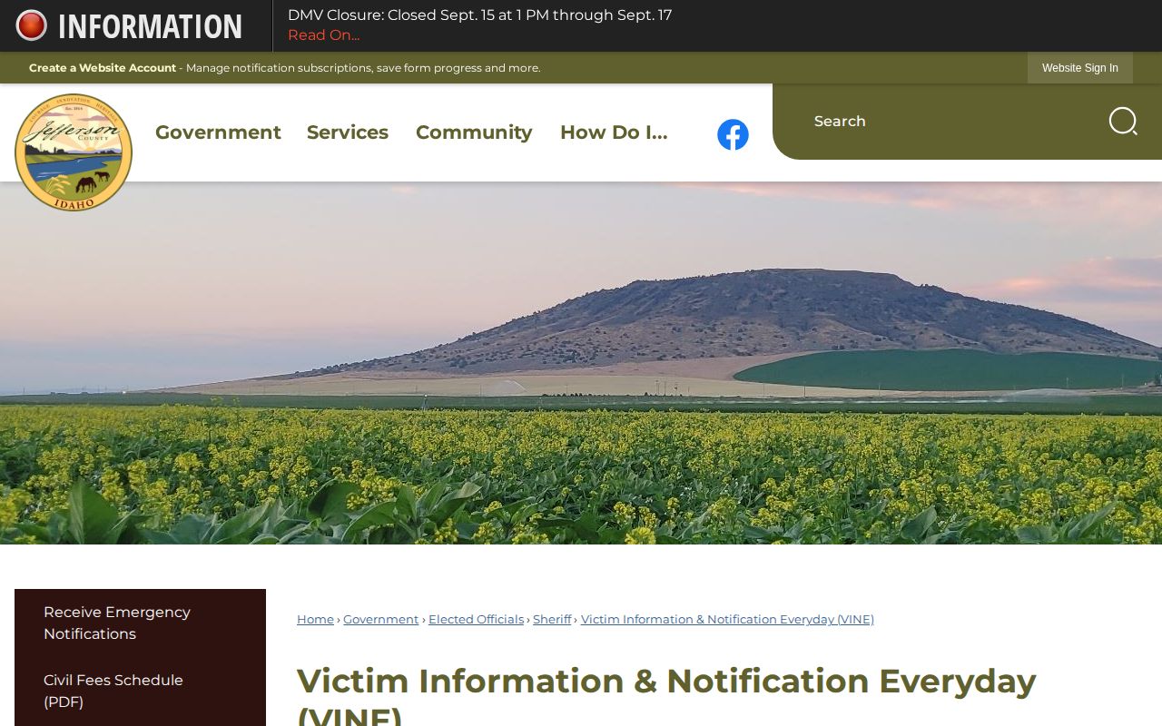 Official Idaho VINE phone PIN and Washington County custody alert guidance