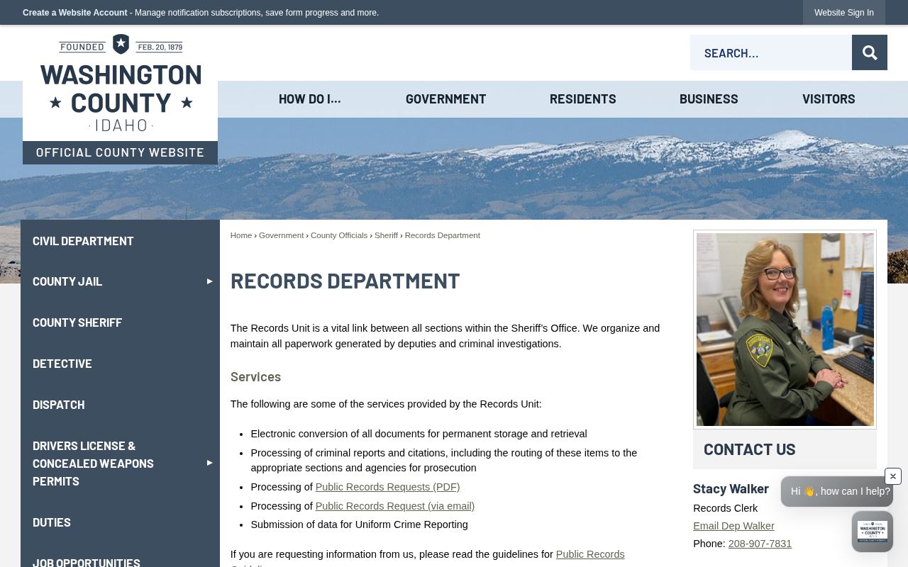 Washington County Sheriff Records Department information page